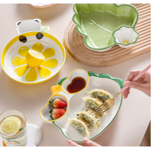 饺子盘子带醋碟陶瓷创意好看的水饺专用分格盘精致卡通早餐盘