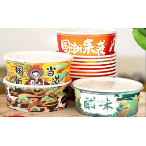 一次性牛皮纸碗国潮快餐外卖打包盒圆形烤冷面小吃水果沙拉碗带盖